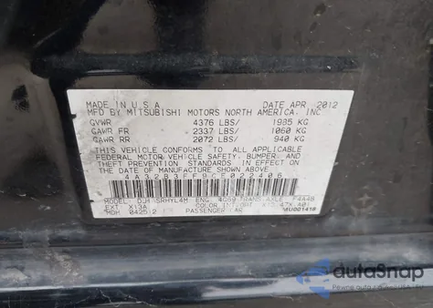 2012 Mitsubishi Galant Es/Se z USA, uszkodzony, nr VIN 4A32B3FF9CE022406